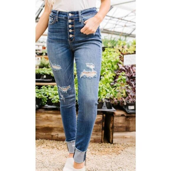 Judy Blue BUTTONS HOLES & CUFFS  skinny JEANS sz 11/30 - Picture 1 of 4